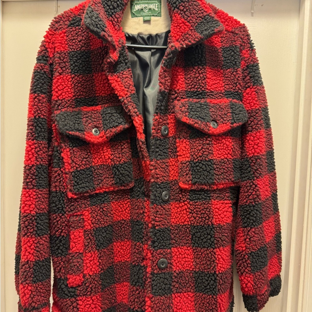 American Eagle Outfitters Red and Black Checkered Sherpa Jacket